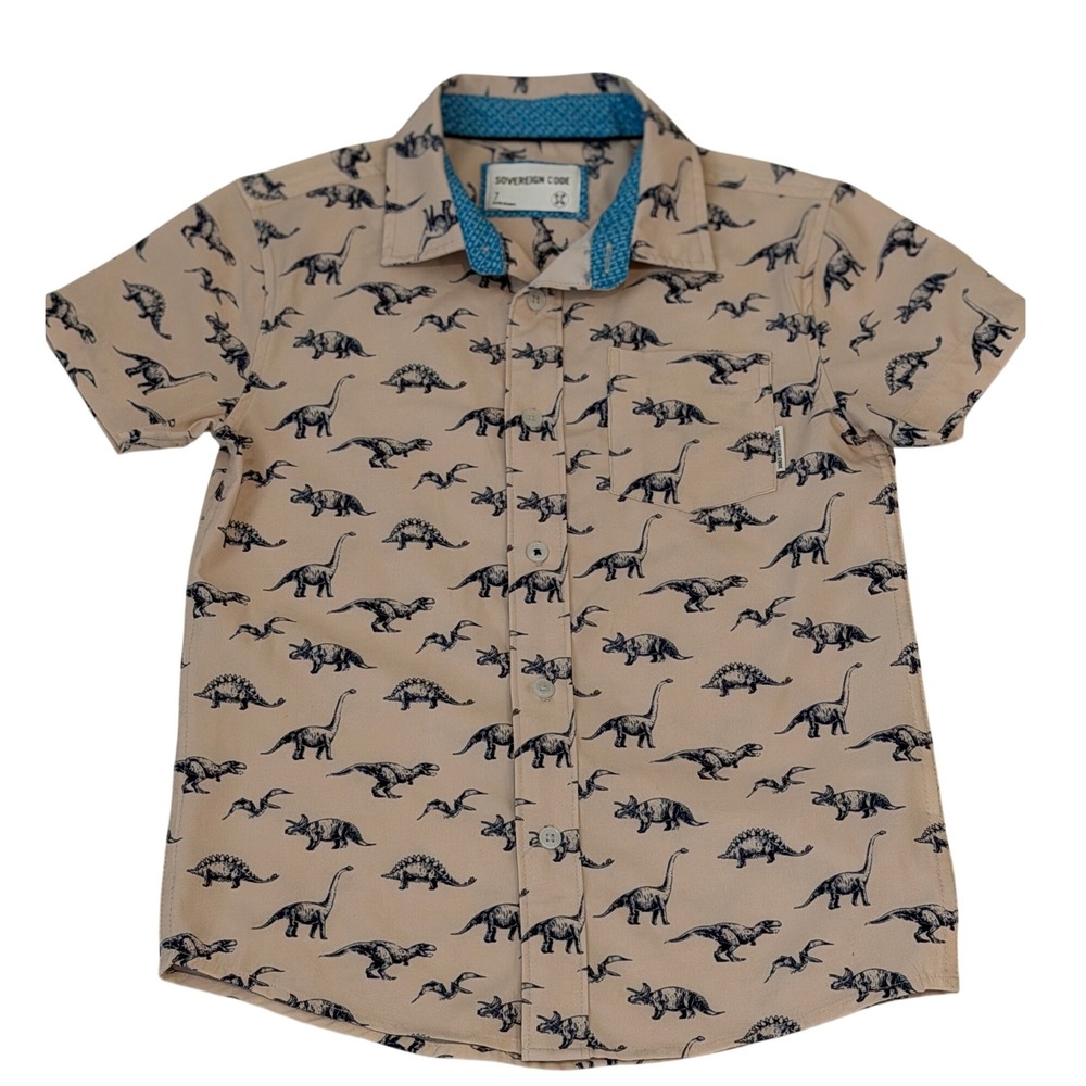 Sovereign Code Boys Tan Dinosaur Print Short Sleeve Button Down Shirt Size 7